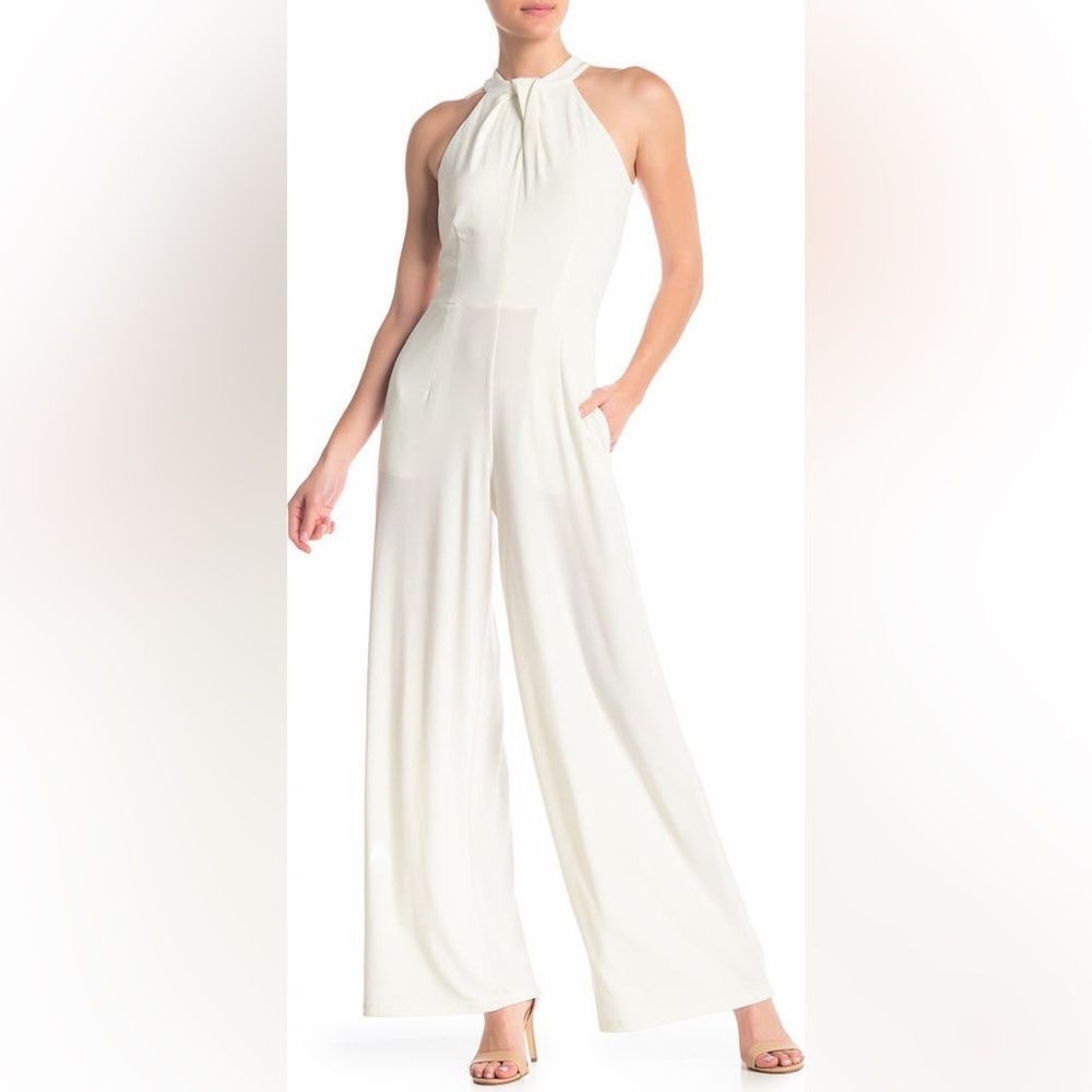 Nina Leonard Twist Halter Knit Jumpsuit- White (size M)